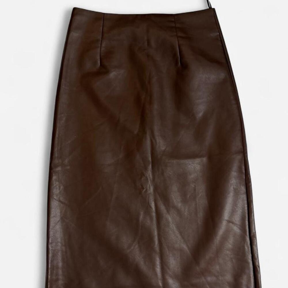 NWOT Silk & Salt Women’s Brown Faux Leather Mini Skirt Black Panel Side Zip S